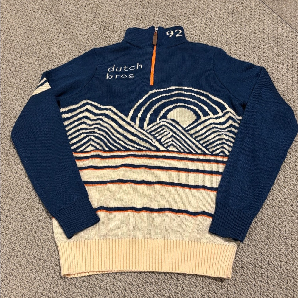 Dutch Bros Coffee Unisex Quarter Zip Alpine Knit Sweater Sunset Mountains Stripe